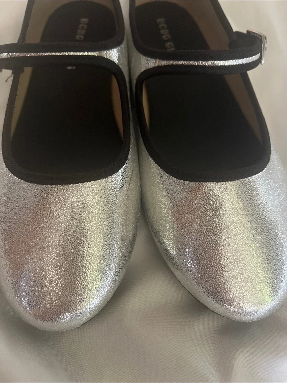 BCBG Metallic Silver Mary Jane Flats with Black Trim